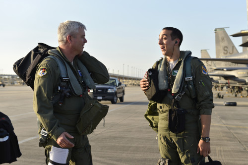 Father and son fighter pilots join up after their mission flight