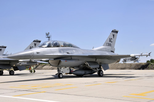 A U.S. Air Force F-16D Fighting Falcon, from the 177th Fighter Wing of the New Jersey Air National Guard, runs through pre-flight systems checks during Thracian Star 2015, a bilateral training exercise to enhance interoperability with the Bulgarian air force, at Graf Ignatievo Air Base, Bulgaria, on July 15. Pilots from both countries also benefit from familiarization flights in each other's fighter jets. (U.S. Air National Guard photo by Master Sgt. Andrew J. Moseley/Released)