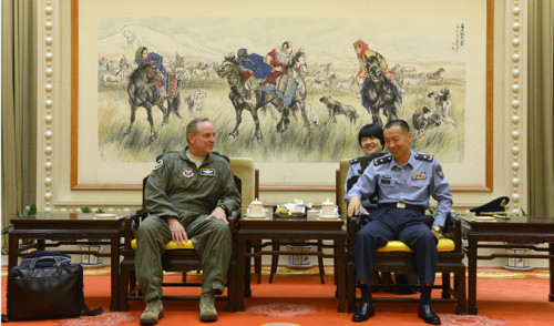 Air Force Chief of Staff Gen. Mark A. Welsh III meets with People's Liberation Army Air Force Deputy Chief of Staff Maj. Gen. Li Chunchao after arriving in Beijing, China, Sept. 24, 2013. Welsh, along with Gen. Herbert "Hawk" Carlisle and Chief Master Sgt. of the Air Force James A. Cody will visit with various military leaders as part of a weeklong trip.  (U.S. Air Force photo/Scott M. Ash)