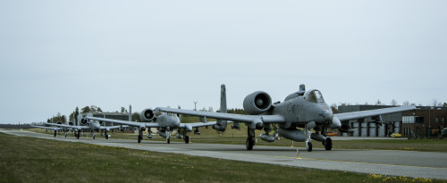 A-10 Thunderbolt II attack aircraft taxi on the flightline May 1, 2015, at Ämari Air Base, Estonia. The aircraft are deployed to Estonia in support of Operation Atlantic Resolve to bolster air power capabilities while underscoring the U.S. commitment to European security and stability. (U.S. Air Forces photo by Senior Airman Rusty Frank/Released)
