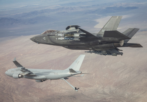 Royal Air-to-air refuelling trials between KC-30A Multi-Role Tanker Transport and F-35A Joint Strike Fighter