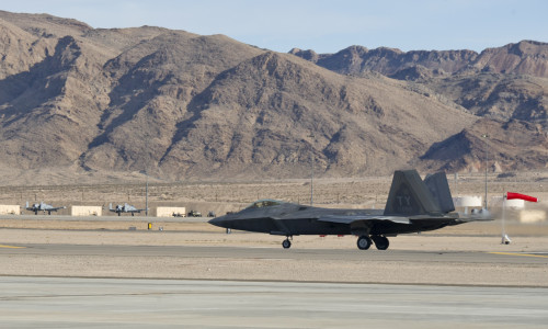 An F-22 Raptor assigned to the 95th Fighter Squadron, Tyndall AFB, Fla., takes off on the first day of Red Flag 16-1, Jan. 25 on the Nellis AFB, Nev. flightline. Tyndall’s F-22 Raptors bring a lot to the exercise as the jet’s stealth capabilities, advanced avionics, communication and sensory capabilities help augment the capabilities of the other aircraft.