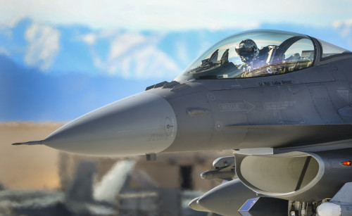 An F-16 Fighting Falcon pilot prepares for takeoff during Red Flag 16-1 at Nellis Air Force Base, Nev., Jan. 25, 2016. Red Flag is a realistic combat exercise involving U.S. and allied air forces conducting training operations on the 15,000 square mile Nevada Test and Training Range.