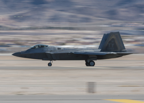 An F-22 Raptor from the 325th Fighter Wing, 95th Fighter Squadron, Tyndall Air Force Base, Fla., takes off from Nellis AFB to participate in a Red Flag 16-1 exercise Jan. 26, 2016. Red Flag is celebrating its 41st anniversary with Red Flag being a realistic combat training exercise involving the air, space and cyber forces of the U.S. and its allies, and is conducted on the vast bombing and gunnery ranges on the Nevada Test and Training Range.