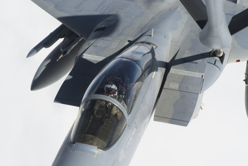 A U.S. Air Force F-15 Eagle stationed at Kadena Air Base, Japan, refuels from a KC-135 Stratotanker during Forceful Tiger, Jan. 28, 2016, near Okinawa, Japan. Kadena boasts two squadrons of F-15s – the 44th and 67th Fighter Squadrons. Each squadron has claimed the coveted Raytheon Trophy as the best fighter squadron in the Air Force on multiple occasions since they were formed 75 years ago. (U.S. Air Force photo by Staff Sgt. Maeson L. Elleman)