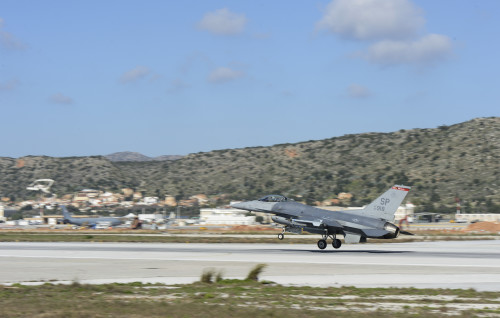 A U.S. Air Force F-16 Fighting Falcon fighter aircraft assigned to the 480th Expeditionary Fighter Squadron takes off from the flightline during a flying training deployment at Souda Bay, Greece, Jan. 28, 2016. The training took place on the northwest bay of Crete, alongside the island's White Mountain range and parts of northern Greece. (U.S. Air Force photo by Staff Sgt. Christopher Ruano/Released)