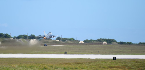 An F-16 Fighting Falcon assigned to the 13th Fighter Squadron, Misawa Air Base, Japan, takes off for a training mission Feb. 4, 2016, at Andersen Air Force Base, Guam. Several F-16 Fighting Falcons from the 13th FS are deployed to Andersen AFB in support of Cope North 2016. The annual training event helps develop a common operating picture using U.S., Japanese and Australian airborne and land-based command and control assets, ultimately refining warfighter integration between militaries. (U.S. Air Force photo/Senior Airman Joshua Smoot)
