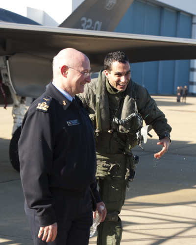 160205-O-ZZ999-941 NAS Patuxent River (February 5, 2016) Italian F-35 Lightning II pilot, Major Gian Marco D., is congratulated for making aviation history by piloting an Italian Air Force (Aeronautica Militare) F-35A Lightning II aircraft on the very first trans-Atlantic Ocean crossing of an F-35 aircraft Feb. 5. The F-35 aircraft — known as AL-1 — arrived at Naval Air Station Patuxent River, Md., from Cameri Air Base, Italy, at 2:24 p.m. EST following an 11-hour oceanic flight. (U.S. Navy photo courtesy Andy Wolfe/Released)