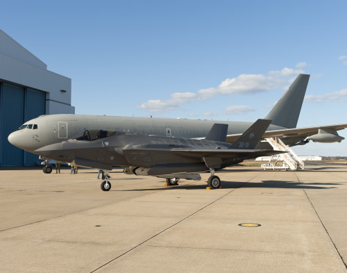 160205-O-ZZ999-964 NAS Patuxent River (February 5, 2016) An Italian Air Force (Aeronautica Militare) KC-767 aerial refueling tanker and an Italian Air Force F-35A Lightning II aircraft made aviation history Feb. 5 as the next generation stealth fighter completed the very first F-35 trans-Atlantic Ocean crossing. The tanker refueled the F-35A during a two-phase, 11-hour deployment across the North Atlantic from Cameri Air Base, Italy to NAS Patuxent River. The F-35A aircraft is the first international F-35 jet fully built overseas at the Cameri Final Assembly & Check-Out (FACO) facility and is also the first F-35 assembled outside of the U.S. to land on U.S. soil. (U.S. Navy photo courtesy Andy Wolfe/Released)