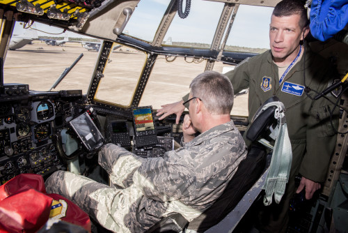 Brig. Gen. Kurt Vogel, commander of the Arkansas Air National Guard, listens as Lt. Col. Matthew "Banger" Baugher, of the Air National Guard Air Force Reserve Test Center (AATC), explains the LITENING pod targeting system. The 189th Airlift Wing has been tapped as a test bed for a highly-accurate air drop and reconnaissance system.