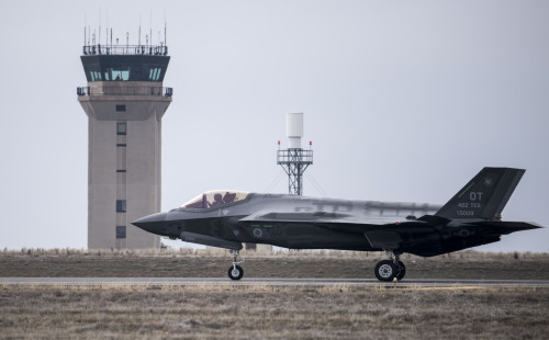 A U.S. Air Force F-35A Lightning II, also known as Joint Strike Fighter, taxis after landing at Mountain Home Air Force Base, Idaho, Feb. 8, 2016. The F-35, visiting from Edwards Air Force Base, California, will be part of an initial operating capability test at the nearby range complex. (U.S. Air Force photo by Senior Airman Jeremy L. Mosier/Released)