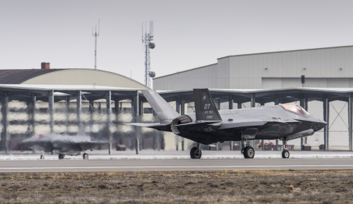 Two U.S. Air Force F-35A Lightning II, also known as Joint Strike Fighters, taxi after landing at Mountain Home Air Force Base, Idaho, Feb. 8, 2016. The F-35, visiting from Edwards Air Force Base, California, will be part of an initial operating capability test at the nearby range complex. (U.S. Air Force photo by Tech. Sgt. Samuel Morse/RELEASED)