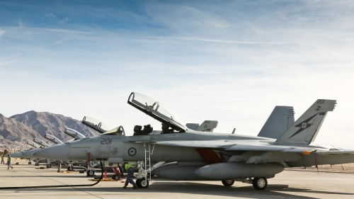 The Royal Australian Air Force F/A-18F Super Hornets from No 1 Squadron on the Nellis Air Force Base flightline during Exercise Red Flag 16-1.   This image has been digitally modified.    *** Local Caption *** Exercise Red Flag 16-1 is an air combat training exercise which centres on the large force employment of aircraft in a high-end warfighting environment.  RF16-1 is being conducted from Nellis Air Force Base in Nevada, United States, from 25 January to 12 February 2016.  The aircraft will participate in the Nevada Test and Training Range (NTTR), and involve participants from the United States Air Force (USAF), United States Navy (USN), Royal Air Force (RAF) and Royal Australian Air Force (RAAF).