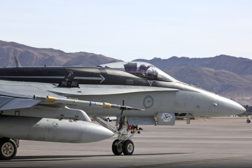A Royal Australian Air Force No 75 Squadron F/A-18A Hornet departs on a mission out of Nellis Air Force Base during Exercise Red Flag 16-1.    *** Local Caption *** Exercise Red Flag 16-1 is an air combat training exercise which centres on the large force employment of aircraft in a high-end warfighting environment.  RF16-1 is being conducted from Nellis Air Force Base in Nevada, United States, from 25 January to 12 February 2016.  The aircraft will participate in the Nevada Test and Training Range (NTTR), and involve participants from the United States Air Force (USAF), United States Navy (USN), Royal Air Force (RAF) and Royal Australian Air Force (RAAF).