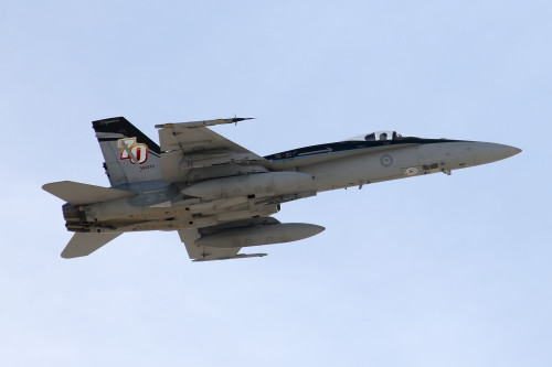 A Royal Australian Air Force No 75 Squadron F/A-18A Hornet departs on a mission out of Nellis Air Force Base during Exercise Red Flag 16-1.      *** Local Caption *** Exercise Red Flag 16-1 is an air combat training exercise which centres on the large force employment of aircraft in a high-end war fighting environment.  RF16-1 is being conducted from Nellis Air Force Base in Nevada, United States, from 25 January to 12 February 2016.  The aircraft will participate in the Nevada Test and Training Range (NTTR), and involve participants from the United States Air Force (USAF), United States Navy (USN), Royal Air Force (RAF) and Royal Australian Air Force (RAAF).