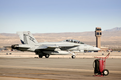 A Royal Australian Air Force No 1 Squadron F/A-18F Super Hornet departs Nellis Air Force Base on a training mission during Exercise Red Flag 16-1.    *** Local Caption *** Exercise Red Flag 16-1 is an air combat training exercise which centres on the large force employment of aircraft in a high-end war fighting environment.  RF16-1 is being conducted from Nellis Air Force Base in Nevada, United States, from 25 January to 12 February 2016.  The aircraft will participate in the Nevada Test and Training Range (NTTR), and involve participants from the United States Air Force (USAF), United States Navy (USN), Royal Air Force (RAF) and Royal Australian Air Force (RAAF).