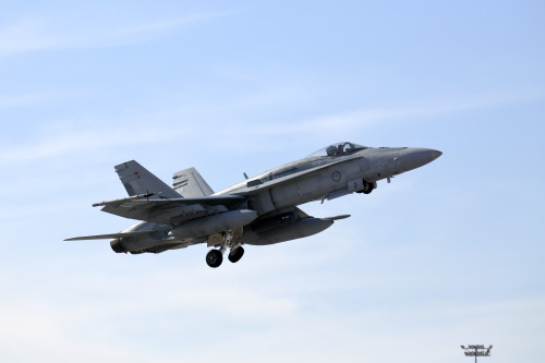 A Royal Australian Air Force No 75 Squadron F/A-18A Hornet departs on a mission from Nellis Air Force Base during Exercise Red Flag 16-1.      *** Local Caption *** Exercise Red Flag 16-1 is an air combat training exercise which centres on the large force employment of aircraft in a high-end war fighting environment.  RF16-1 is being conducted from Nellis Air Force Base in Nevada, United States, from 25 January to 12 February 2016.  The aircraft will participate in the Nevada Test and Training Range (NTTR), and involve participants from the United States Air Force (USAF), United States Navy (USN), Royal Air Force (RAF) and Royal Australian Air Force (RAAF).