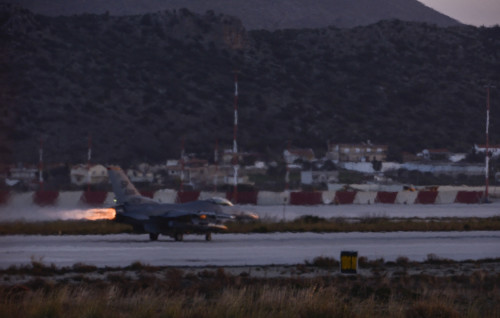 A U.S. Air Force F-16 Fighting Falcon fighter aircraft pilot assigned to the 480th Expeditionary Fighter Squadron takes off from the flightline during a flying training deployment at Souda Bay, Greece, Jan. 28, 2016. Eighteen F-16s from the 52nd Fighter Wing at Spangdahlem Air Base, Germany, participated in the deployment, which marked the fourth of its kind on the island since 2014. (U.S. Air Force photo by Staff Sgt. Christopher Ruano/Released)