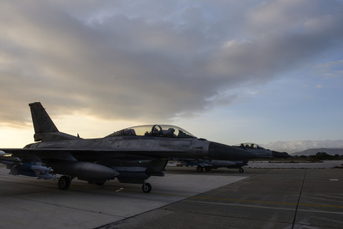 A row of U.S. Air Force F-16 Fighting Falcon fighter aircraft assigned to the 480th Expeditionary Fighter Squadron remain parked on the flightline during a flying training deployment at Souda Bay, Greece, Jan. 28, 2016. This flying training deployment allows both U.S. Air Forces in Europe and the Hellenic air force to extend joint war-fighting capability through operational training. These integrated capabilities and interoperability help sustain our alliance and partnership with Greece. (U.S. Air Force photo by Staff Sgt. Christopher Ruano/Released)