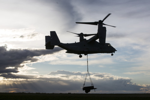 A U.S. Marine Corps MV-22 Osprey with Marine Medium Tiltrotor Squadron 263, Special-Purpose Marine Air-Ground Task Force-Crisis Response- Africa conducts an external load operation during exercise Sky Soldier, La Felipe drop zone, Spain, Feb. 27, 2016. SPMAGTF-CR-AF participated in exercise Sky Soldier which promotes interoperability between Marine Corps Aviation assets and American and Spanish Airborne and Air Mobile forces. (U.S. Marine Corps photo by Sgt. Kassie L. McDole/Released)