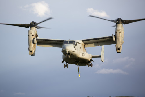 A U.S. Marine Corps MV-22 Osprey with Marine Medium Tiltrotor Squadron 263, Special-Purpose Marine Air-Ground Task Force-Crisis Response- Africa conducts an external load operation during exercise Sky Soldier, La Felipe drop zone, Spain, Feb. 27, 2016. SPMAGTF-CR-AF participated in exercise Sky Soldier which promotes interoperability between Marine Corps Aviation assets and American and Spanish Airborne and Air Mobile forces. (U.S. Marine Corps photo by Sgt. Kassie L. McDole/Released)