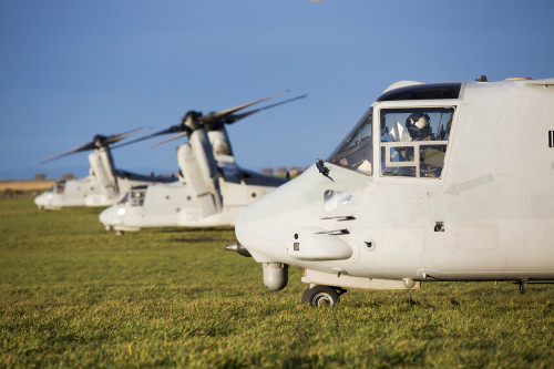 U.S. Marine Corps MV-22 Ospreys with Marine Medium Tiltrotor Squadron 263, Special-Purpose Marine Air-Ground Task Force-Crisis Response- Africa await to load the first wave of 173rd Airborne Brigade Combat Team soldiers during exercise Sky Soldier, La Felipe drop zone, Spain, Feb. 27, 2016. SPMAGTF-CR-AF participated in exercise Sky Soldier which promotes interoperability between Marine Corps Aviation assets and American and Spanish Airborne and Air Mobile forces. (U.S. Marine Corps photo by Sgt. Kassie L. McDole/Released)