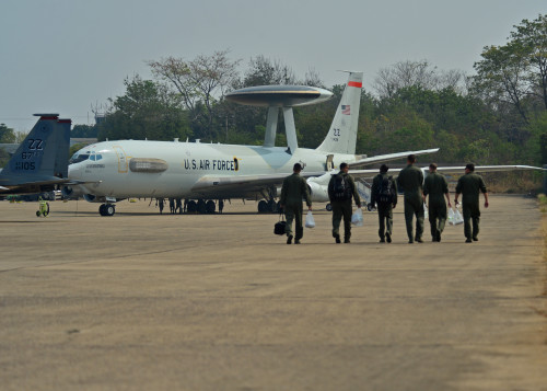 Air Crew from the 961st Airborne Air Control Squadron, Kadena Air Base, Japan, walk to a E-3C Sentry during Exercise Cope Tiger 16, on Korat Royal Thai Air Force Base, Thailand, March 7, 2016. Exercise Cope Tiger 16 includes over 1,200 personnel from three countries and continues the growth of strong, interoperable and beneficial relationships within the Asia-Pacific Region, while demonstrating U.S. capability to project forces strategically in a combined, joint environment. (U.S. Air Force Photo by Tech Sgt. Aaron Oelrich/Released)
