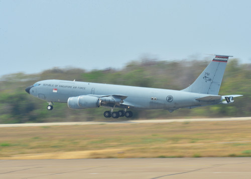 A Republic of Singapore Air Force KC-135 takes off during Exercise Cope Tiger 16, on Korat Royal Thai Air Force Base, Thailand, March 7, 2016. Exercise Cope Tiger 16 includes over 1,200 personnel from three countries and continues the growth of strong, interoperable and beneficial relationships within the Asia-Pacific Region, while demonstrating U.S. capability to project forces strategically in a combined, joint environment. (U.S. Air Force Photo by Tech Sgt. Aaron Oelrich/Released)
