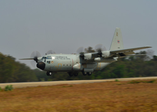 A C-130 Hercules, from the Royal Thailand Air Force, lands during Exercise Cope Tiger 16, on Korat Royal Thai Air Force Base, Thailand, March 11, 2016. Exercise Cope Tiger 16 includes over 1,200 personnel from three countries and continues the growth of strong, interoperable and beneficial relationships within the Asia-Pacific Region, while demonstrating U.S. capability to project forces strategically in a combined, joint environment. (U.S. Air Force Photo by Tech Sgt. Aaron Oelrich/Released)