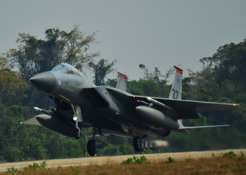 An F-15 Eagle, from 67th Fight Squadron, Kadena Air Base, Japan, lands during Exercise Cope Tiger 16, on Korat Royal Thai Air Force Base, Thailand, March 11, 2016. Exercise Cope Tiger 16 includes over 1,200 personnel from three countries and continues the growth of strong, interoperable and beneficial relationships within the Asia-Pacific Region, while demonstrating U.S. capability to project forces strategically in a combined, joint environment. (U.S. Air Force Photo by Tech Sgt. Aaron Oelrich/Released)
