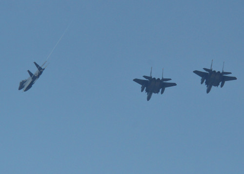 Three F-15 Eagles from 67th Fighter Squadron, Kadena Air Base, Japan, prepare to land during Exercise Cope Tiger 16, over Korat Royal Thai Air Force Base, Thailand, March 11, 2016. Exercise Cope Tiger 16 includes over 1,200 personnel from three countries and continues the growth of strong, interoperable and beneficial relationships within the Asia-Pacific Region, while demonstrating U.S. capability to project forces strategically in a combined, joint environment. (U.S. Air Force Photo by Tech Sgt. Aaron Oelrich/Released)