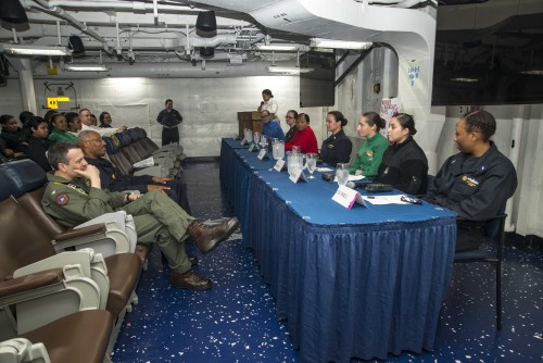 160319-N-BH414-008 ATLANTIC OCEAN (March 19, 2016) – Sailors take part in a women's leadership panel aboard the aircraft carrier USS Dwight D. Eisenhower (CVN 69), the flagship of the Eisenhower Carrier Strike Group. Ike is underway conducting a Composite Training Unit Exercise (COMPTUEX) with the Eisenhower Carrier Strike Group in preparation for a future deployment. (U.S. Navy photo by Mass Communication Specialist Seaman Apprentice Casey S. Trietsch/Released)