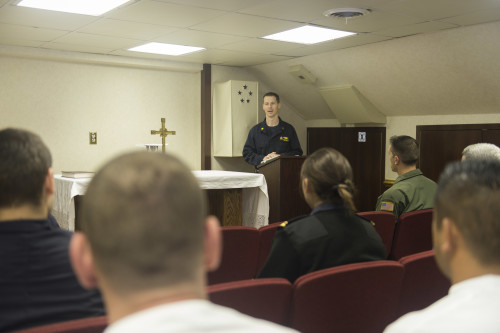 160320-N-EO381-002 ATLANTIC OCEAN (March 20, 2016) Lt. Cmdr. Douglas Grace, a chaplain aboard the aircraft carrier USS Dwight D. Eisenhower (CVN 69), speaks to Sailors during a weekly traditional Protestant service in the ship’s chapel. Ike is underway conducting a Composite Training Unit Exercise (COMPTUEX) with the Eisenhower Carrier Strike Group in preparation for a future deployment. (U.S. Navy photo by Mass Communication Specialist Casey J. Hopkins/Released)