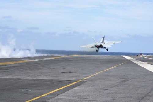 160320-N-KK394-074 ATLANTIC OCEAN (March 20, 2016) - Capt. Paul C. Spedero Jr., commanding officer of the aircraft carrier USS Dwight D. Eisenhower (CVN 69), the flagship of the Eisenhower Carrier Strike Group, pilots an F/A-18E Super Hornet assigned to the Sidewinders of Strike Fighter Squadron (VFA) 86 as it launches from the ship’s flight deck. Ike is underway conducting a Composite Training Unit Exercise (COMPTUEX) with the Eisenhower Carrier Strike Group in preparation for a future deployment. (U.S. Navy photo by Mass Communication Specialist 3rd Class Anderson W. Branch/Released)
