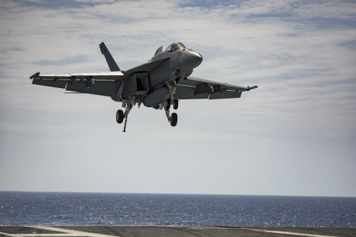 160320-N-OR652-012 ATLANTIC OCEAN (March 20, 2016) - Capt. Paul C. Spedero Jr., commanding officer of the aircraft carrier USS Dwight D. Eisenhower (CVN 69), the flagship of the Eisenhower Carrier Strike Group, pilots an F/A-18E Super Hornet assigned to the Sidewinders of Strike Fighter Squadron (VFA) 86 prior to landing on the ship’s flight deck. Ike is underway conducting a Composite Training Unit Exercise (COMPTUEX) with the Eisenhower Carrier Strike Group in preparation for a future deployment. (U.S. Navy photo by Mass Communication Specialist 3rd Class J. Alexander Delgado/Released)