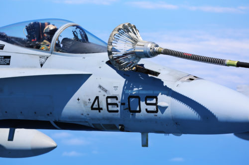 A Spanish Air Force F/A-18 Hornet with 462 Squadron receives fuel from a U.S. Marine Corps KC-130J with Marine Aerial Refueler Transport Squadron 252, Special-Purpose Marine Air-Ground Task Force-Crisis Response- Africa during an aerial refuel mission, Gran Canaria, Spain, Mar. 29, 2016. SPMAGTF-CR-AF Marines and Spanish airmen conducted air-to-air refueling missions in order to enhance crisis response readiness and help build relationships between the two militaries. (U.S. Marine Corps photo by Sgt. Kassie L. McDole/Released)
