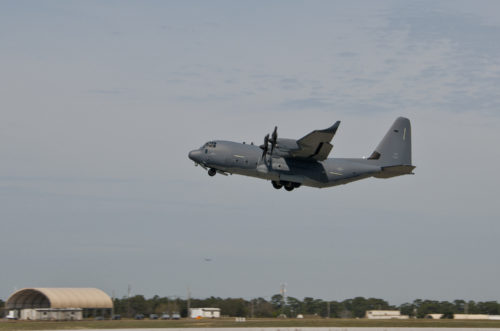 A modified MC-130J lifts off from Eglin Air Force Base, Fla., for a test mission. The aircraft has been fitted with vertical fins on each wing, called winglets.  The 413th Flight Test Squadron aircrew and engineers tested the modified aircraft over eight flights.  The goal of the tests was to collect data on possible fuel efficiency improvements and performance with the winglets and lift distribution control system installed.  (U.S. Air Force photo/Samuel King Jr.)