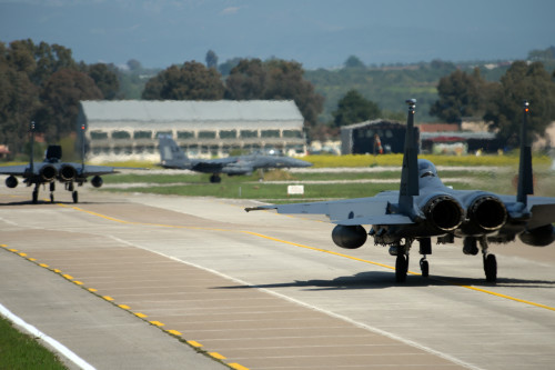 U.S. Air Force F-15E Strike Eagles assigned to the 492nd Fighter Squadron, Royal Air Force Lakenheath, England, taxi to the runway, April 4, 2016, during exercise INIOHOS 16 at Andravida Air Base, Greece. INIOHOS 16 is a Hellenic air force-hosted air exercise that enhances interoperability, capabilities, and skills amongst allied and partner air forces in the accomplishment of joint operations and air defenses, in order to maintain joint readiness and reassure our regional allies and partners. (U.S. Air Force photo by Tech. Sgt. Eric Burks/Released)