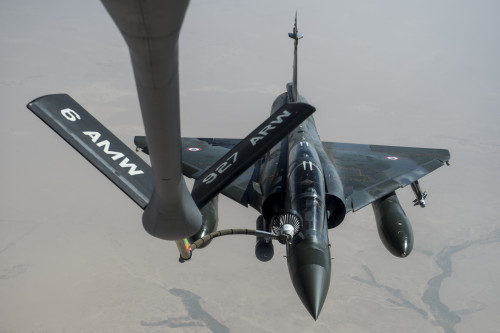 A French Mirage 2000D receives fuel from a U.S Air Force KC-135 Stratotanker over Iraq April 8, 2016. The President has authorized U.S. Central Command to work with partner nations to conduct targeted airstrikes of Iraq and Syria as part of the comprehensive strategy to degrade and defeat the Islamic State of Iraq and the Levant, or ISIL. (U.S. Air Force photo by Staff Sgt. Corey Hook)