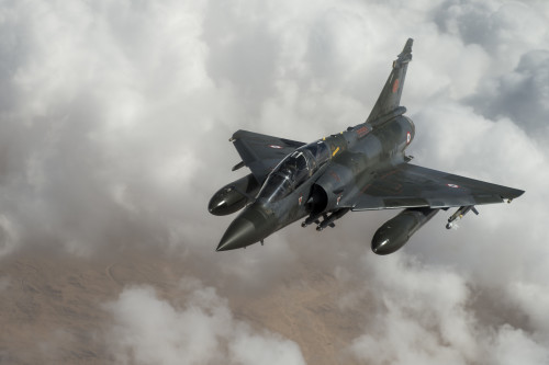 A French Mirage 2000D flies over Iraq April 8, 2016. The President has authorized U.S. Central Command to work with partner nations to conduct targeted airstrikes of Iraq and Syria as part of the comprehensive strategy to degrade and defeat the Islamic State of Iraq and the Levant, or ISIL.  (U.S. Air Force photo by Staff Sgt. Corey Hook/Released)
