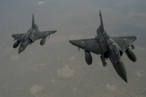 Two French Mirage 2000D's fly over Iraq in support of Operation Inherent Resolve April 8, 2016. A coalition of regional and international nations have joined together to defeat ISIL and the threat they pose to Iraq, Syria, the region and the wider international community. (U.S. Air Force photo by Staff Sgt. Corey Hook/Released)