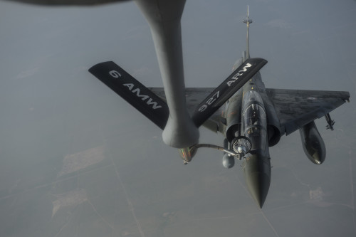 A French Mirage 2000D receives fuel from a U.S Air Force KC-135 Stratotanker over Iraq April 8, 2016. The President has authorized U.S. Central Command to work with partner nations to conduct targeted airstrikes of Iraq and Syria as part of the comprehensive strategy to degrade and defeat the Islamic State of Iraq and the Levant, or ISIL.  (U.S. Air Force photo by Staff Sgt. Corey Hook/Released)
