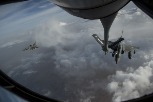 Two French Mirage 2000D's fly over Iraq April 8, 2016. As of April 4, U.S. and partner nation aircraft have flown an estimated 88,667 sorties in support of operations in Iraq and Syria. (U.S. Air Force photo by Staff Sgt. Corey Hook/Released)