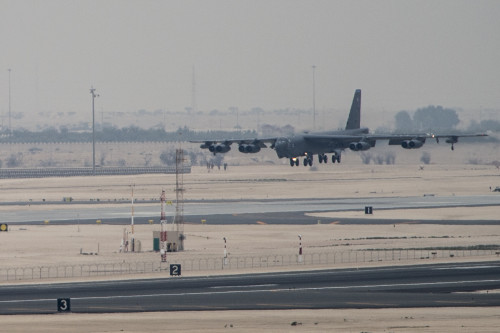 A B-52 Stratofortress from Barksdale Air Force Base, Louisiana, touches down at Al Udeid Air Base, Qatar, April 9, 2016. The B-52 offers diverse capabilities including the delivery of precision weapons. The aircraft and its crew have deployed in support Operation Inherent Resolve. This deployment is the first basing of the B-52s in the U.S. Central Command area of responsibility in 26 years. (U.S. Air Force photo by Staff Sgt. Corey Hook/Released)
