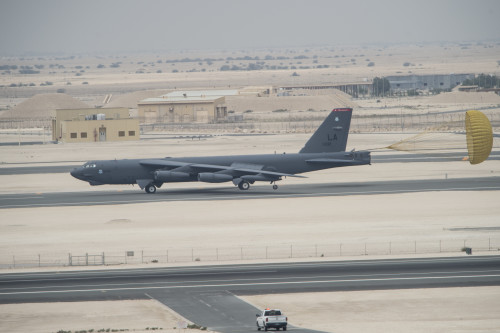 A B-52 Stratofortress from Barksdale Air Force Base, Louisiana, touches down at Al Udeid Air Base, Qatar, April 9, 2016. The B-52 offers diverse capabilities including the delivery of precision weapons. The aircraft and its crew have deployed in support Operation Inherent Resolve. This deployment is the first basing of the B-52s in the U.S. Central Command area of responsibility in 26 years. (U.S. Air Force photo by Staff Sgt. Corey Hook/Released)