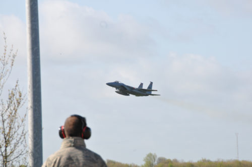 An F-15C Eagle assigned to the 131st Expeditionary Fighter Squadron takes-off during the Frisian Flag 2016 exercise, Leeuwarden Air Base, Netherlands, April 19, 2016. The exercise runs from April 11-22 and is comprised of more than 70 aircraft and several hundred personnel from the United States, Netherlands, Belgium, France, Finland, Poland, Norway, United Kingdom, Germany and Australia.