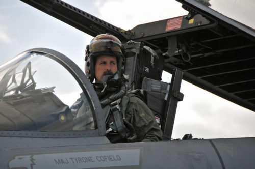 U.S. Air Force and Massachusetts Air National Guard Lt. Col. David “Moon” Halasi-Kun, 131st Expeditionary Fighter Squadron detachment commander, prepares for his mission in an F-15C Eagle, April 20, 2016.  The 131st EFS is participating in the Royal Netherlands Air Force Frisian Flag 2016 exercise, Leeuwarden Air Base, Netherlands.  The exercise runs from April 11-22 and is comprised of more than 70 aircraft and several hundred personnel from the United States, Netherlands, Belgium, France, Finland, Poland, Norway, United Kingdom, Germany and Australia.