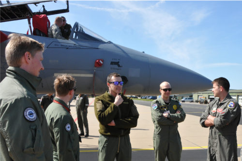 U.S. Air Force and Massachusetts Air National Guard pilot Captain Martian “Heklr” Clark conducts a tour of an F-15C Eagle for Finnish Air Force F/A-18 Hornet pilots during Frisian Flag 2016. The Royal Netherlands Air Force exercise is designed to foster military cooperation between participating nations and these types of exchanges help establish trust and relationships, April 21, 2016.