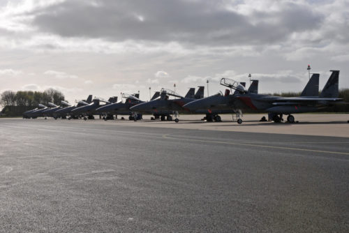 Eight Air National Guard F-15C/D Eagle aircraft on the ramp before flying commences on the last day of Frisian Flag 2016, Leeuwarden Air Base, Netherlands, April 22, 2016. The Royal Netherlands Air Force exercise is designed to foster military cooperation between participating nations and these types of exchanges help establish trust and relationships, April 21, 2016.