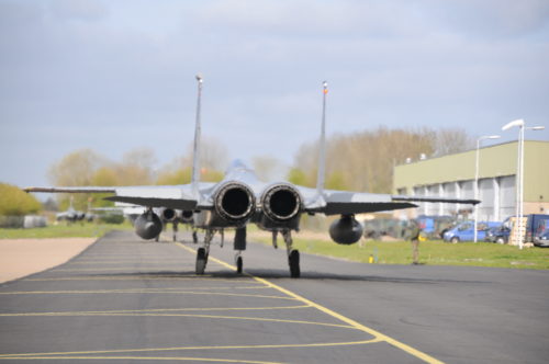 Massachusetts Air National Guard F-15C Eagle aircraft taxis to the runway to begin the final mission of Frisian Flag 2016, April 22, 2016. The exercise runs from April 11-22 and is comprised of more than 70 aircraft and several hundred personnel from the United States, Netherlands, Belgium, France, Finland, Poland, Norway, United Kingdom, Germany and Australia.